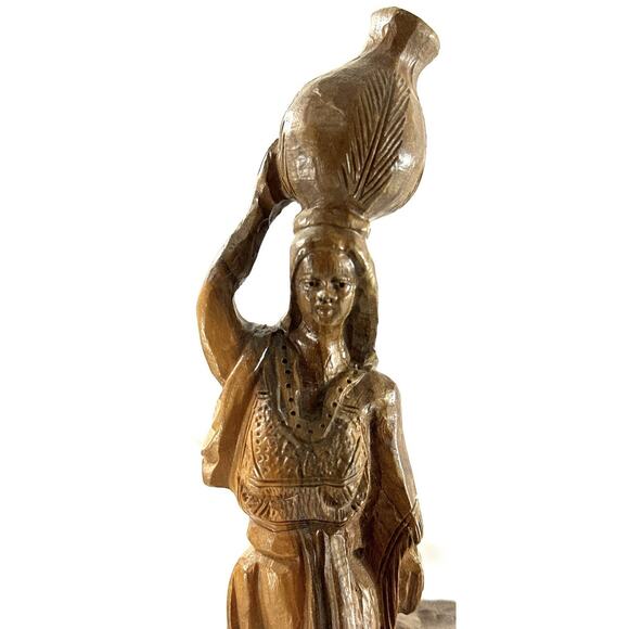 Hand Carved Olive Wood Figurine Woman with Water Jug at Well Folk Art 10.5” - Picture 5 of 6